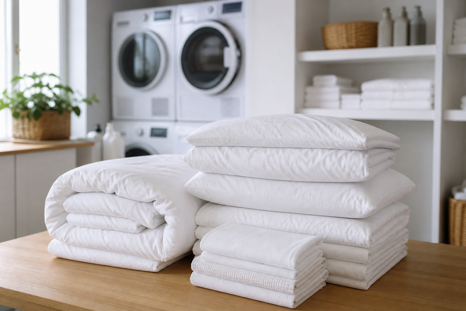 Freshly folded white bedding and towels stacked on a wooden table