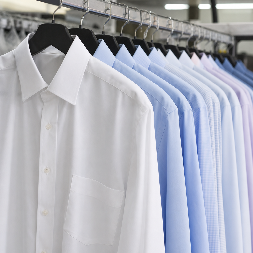 Freshly pressed dress shirts hanging on a rail