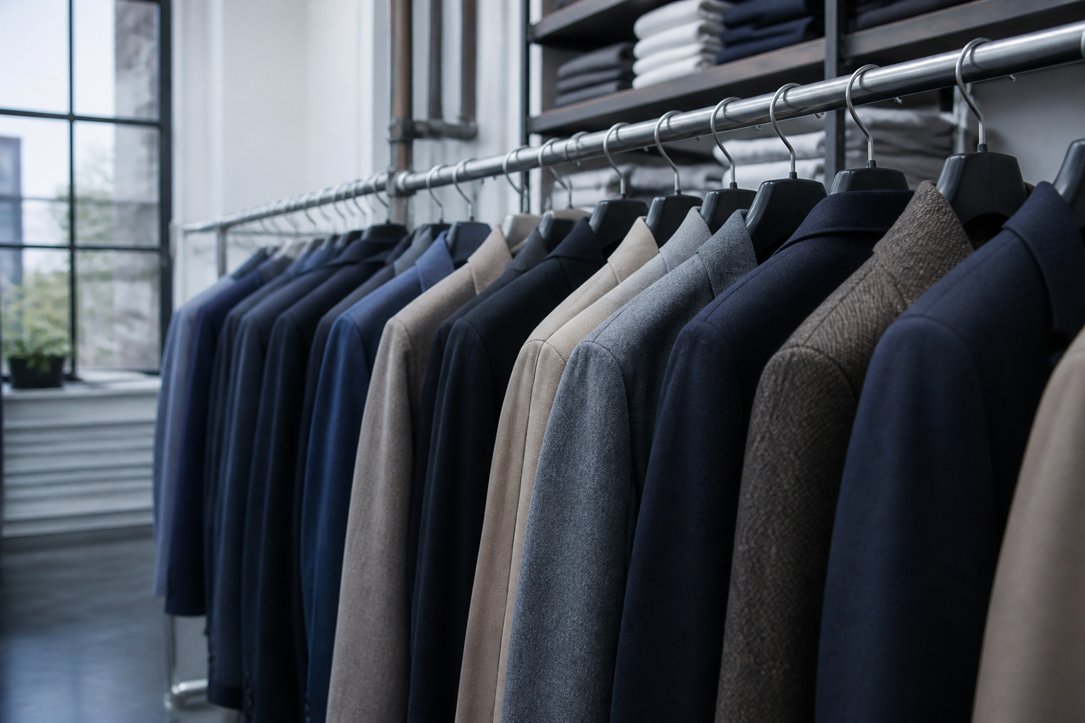 Tailored jackets hanging on a rack after dry cleaning