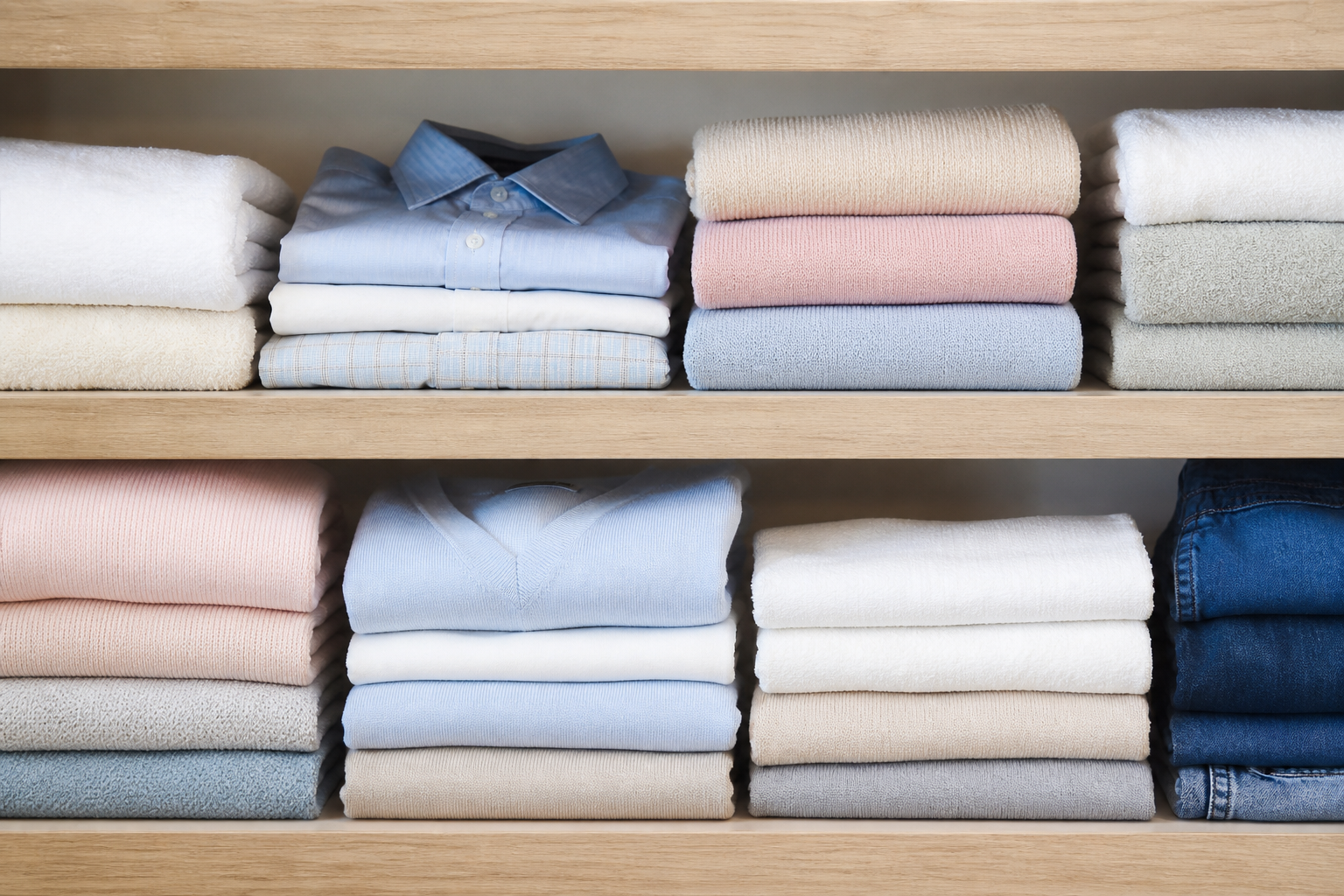 Neatly folded shirts, sweaters, and towels on wooden shelves