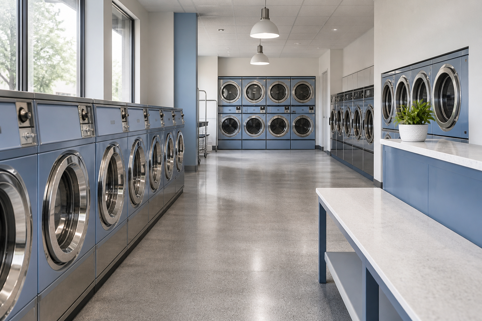 Clean industrial laundry hall with rows of professional washing machines