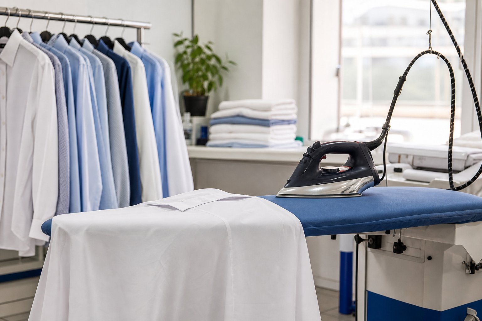 Professional steam iron and pressed shirts in the Delft workshop