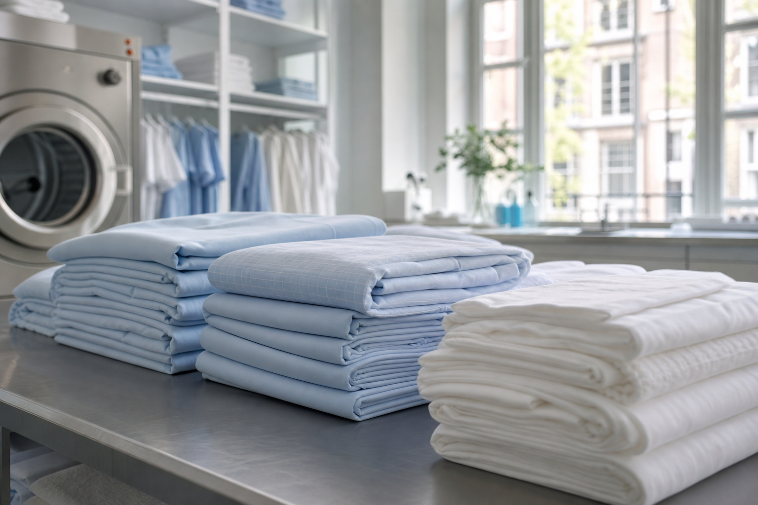 Stacks of folded pale blue and white linens ready for collection