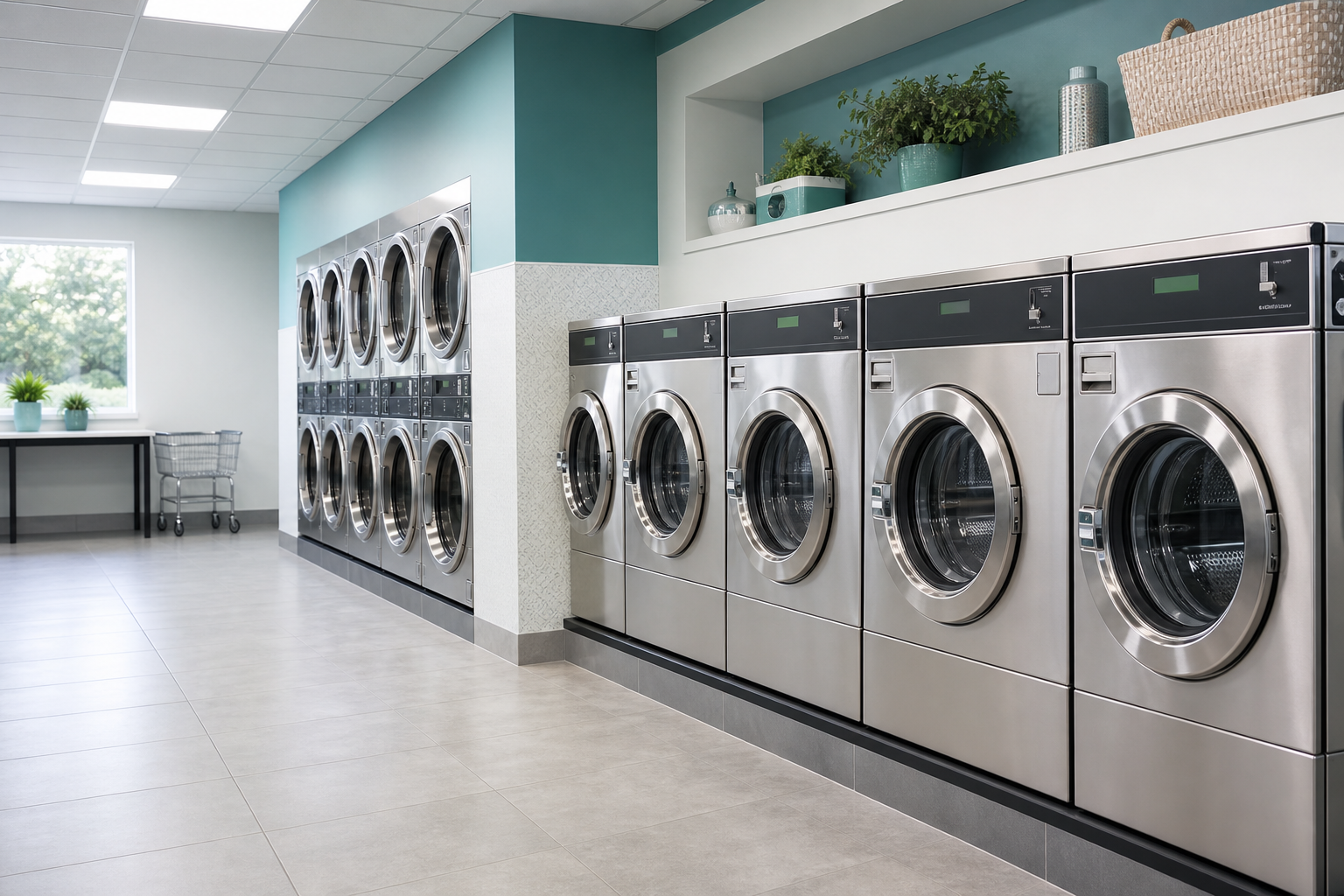 Professional laundry machines along a clean workshop aisle