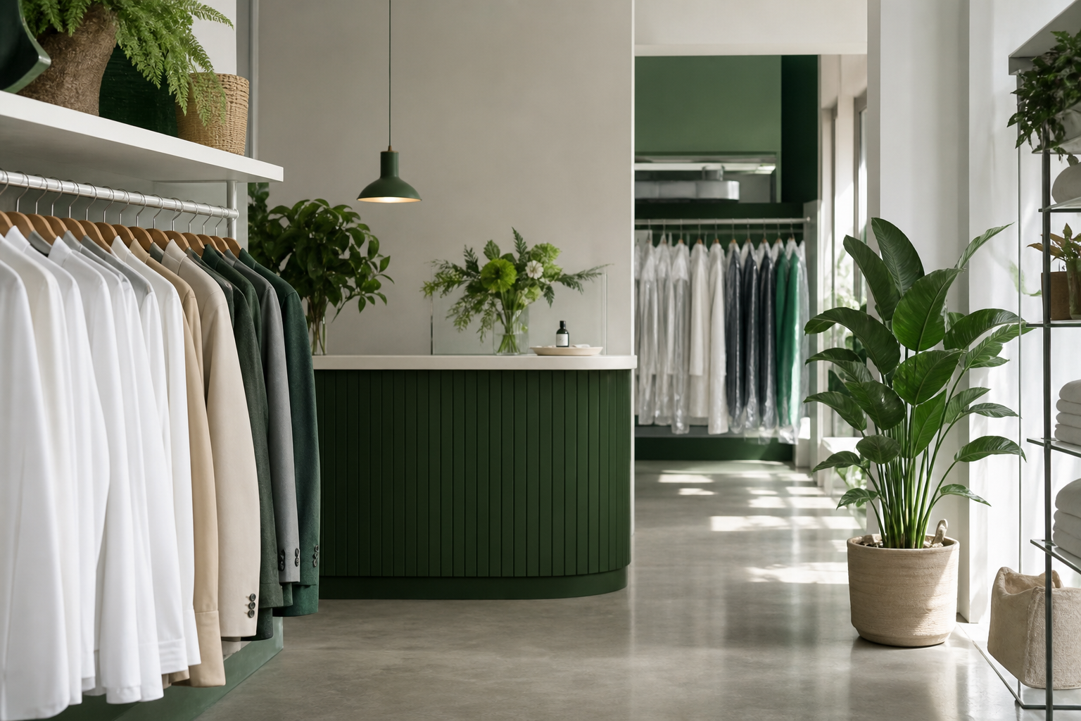 Reception counter and hanging garments in a calm laundry boutique
