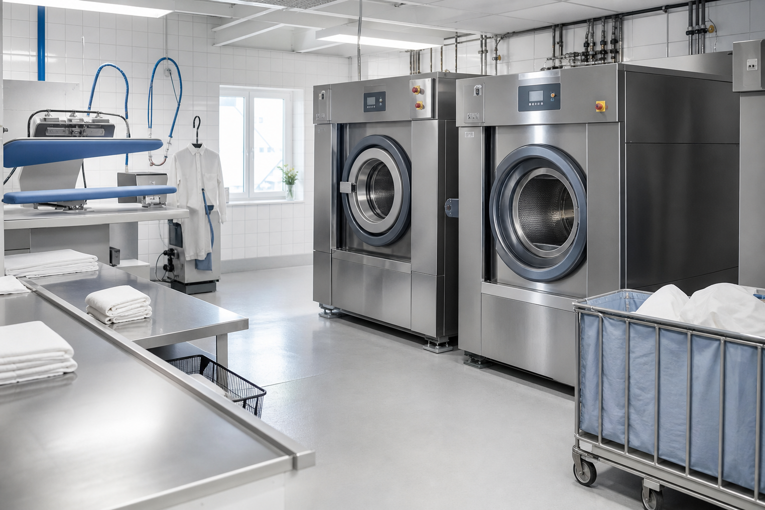 Industrial washers and pressing station with folded white linens